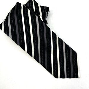 VALERIO GARATI Mens Repp Neck Tie Pure Silk Black Silver Stripe Long 61”x3.75”